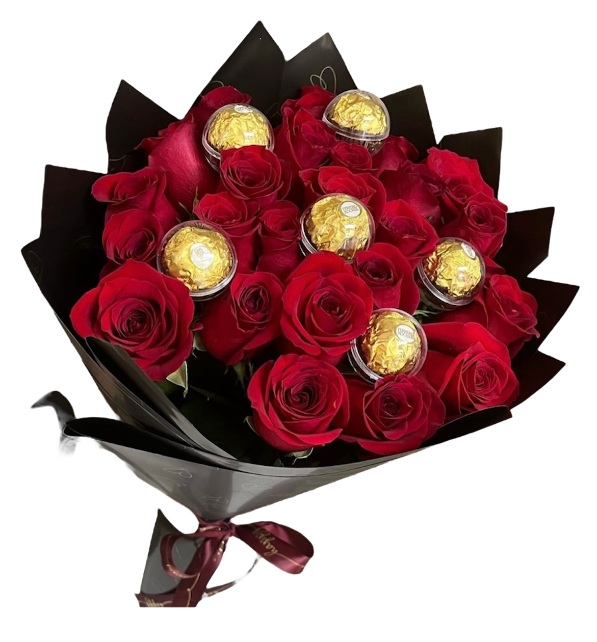 A gift that speaks to every sense. This stunning bouquet of 24 fresh roses paired with Ferrero Rocher chocolates is the perfect blend of elegance and indulgence. Each rose represents timeless love, while the golden-wrapped chocolates add a touch of irresistible sweetness. Whether it's for an anniversary, birthday, or romantic surprise, this arrangement says ‘I love you’ in the most luxurious and delicious way. Make every rose and every bite unforgettable.