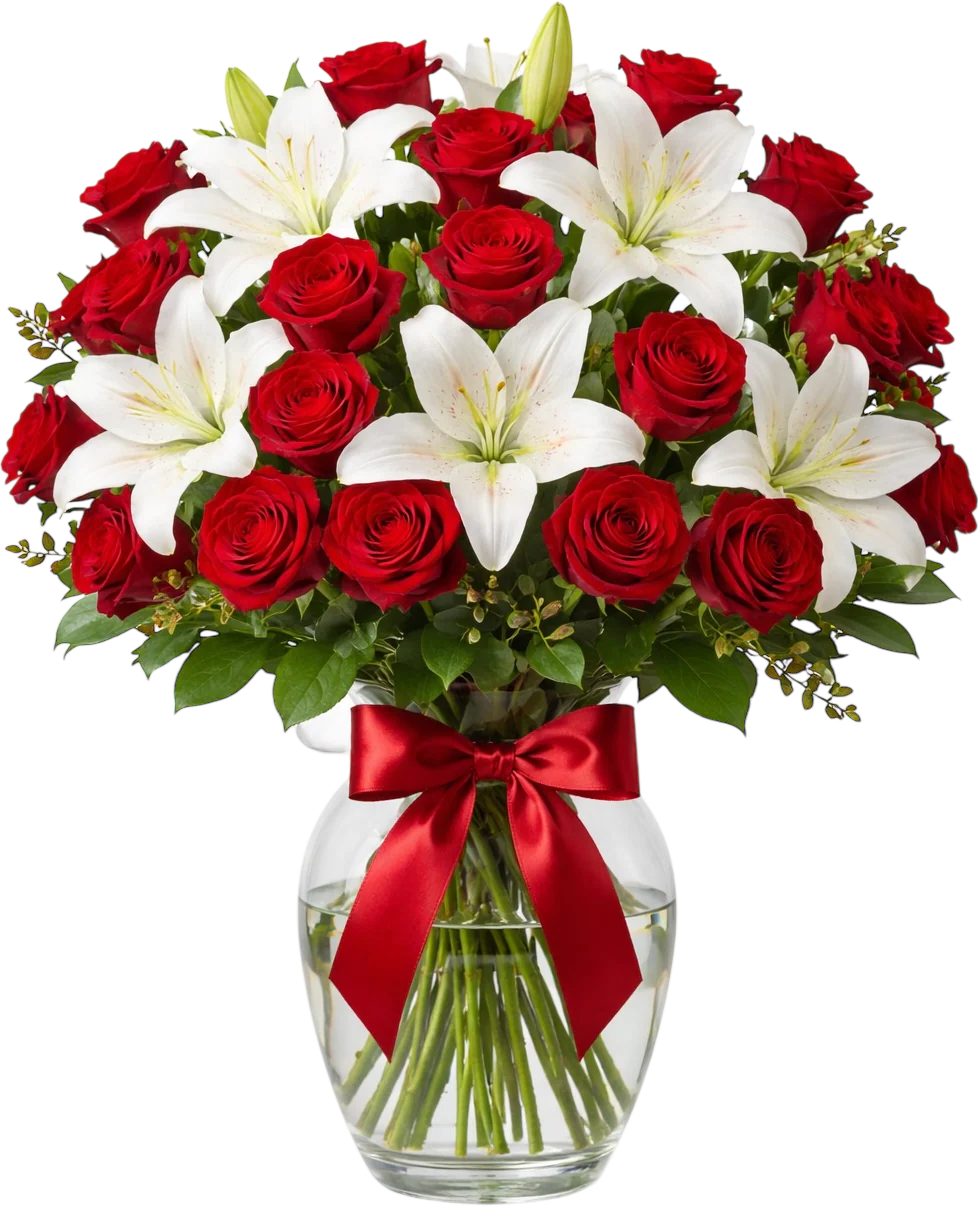 Arreglo luxury con 25 rosas rojas y 10 lirios blancos en jarrón - Luxury flowers Miami - Miami florist Valentine's Day - Doral business luxury bouquets - Flowers that impress - Luxury gifts Miami San Valentín