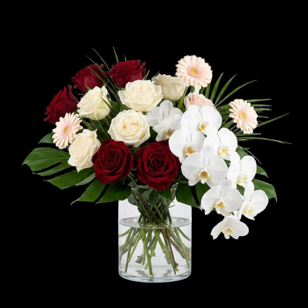 Feliz Cumple Luxe birthday arrangement with red and cream roses, cascading white orchids and pale pink gerbera daisies.