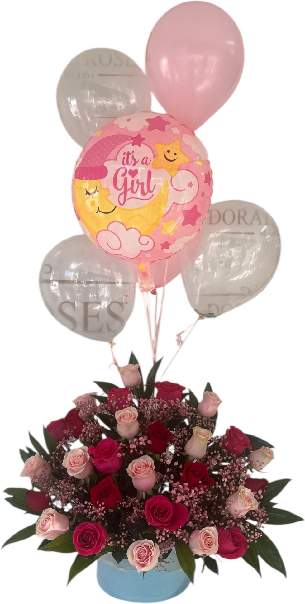 Flores para nacimiento de bebé en Miami. Arreglo floral premium con entrega el mismo día. Flores frescas para celebrar recién nacido. Regalo perfecto para nuevos padres.