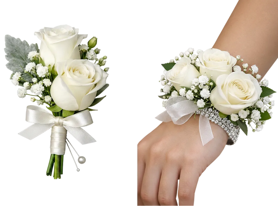 Elegant White Rose Prom Flowers – Boutonniere & Corsage Miami