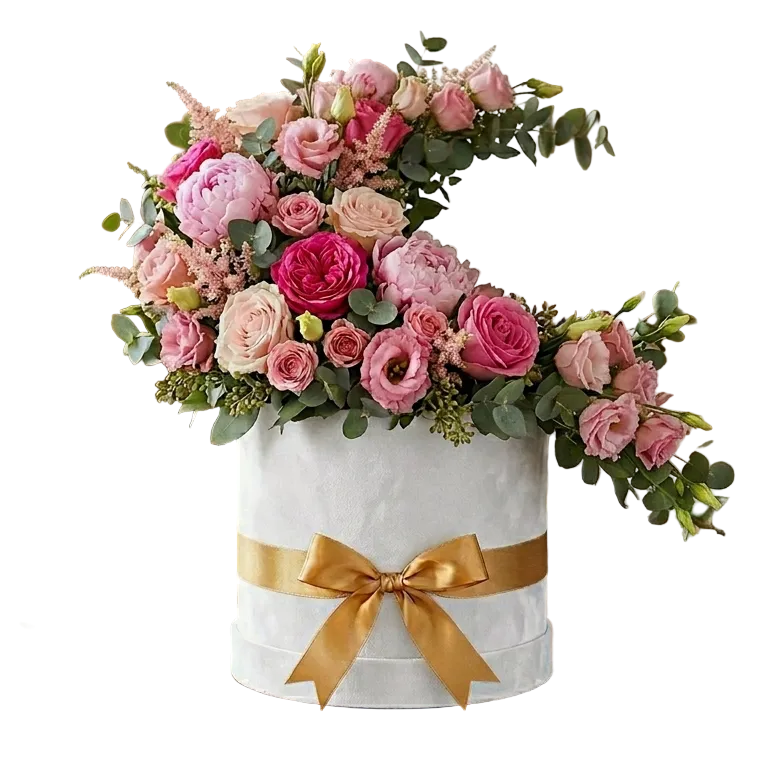 Elegant pink flowers box with roses and soft blooms for congratulations gift