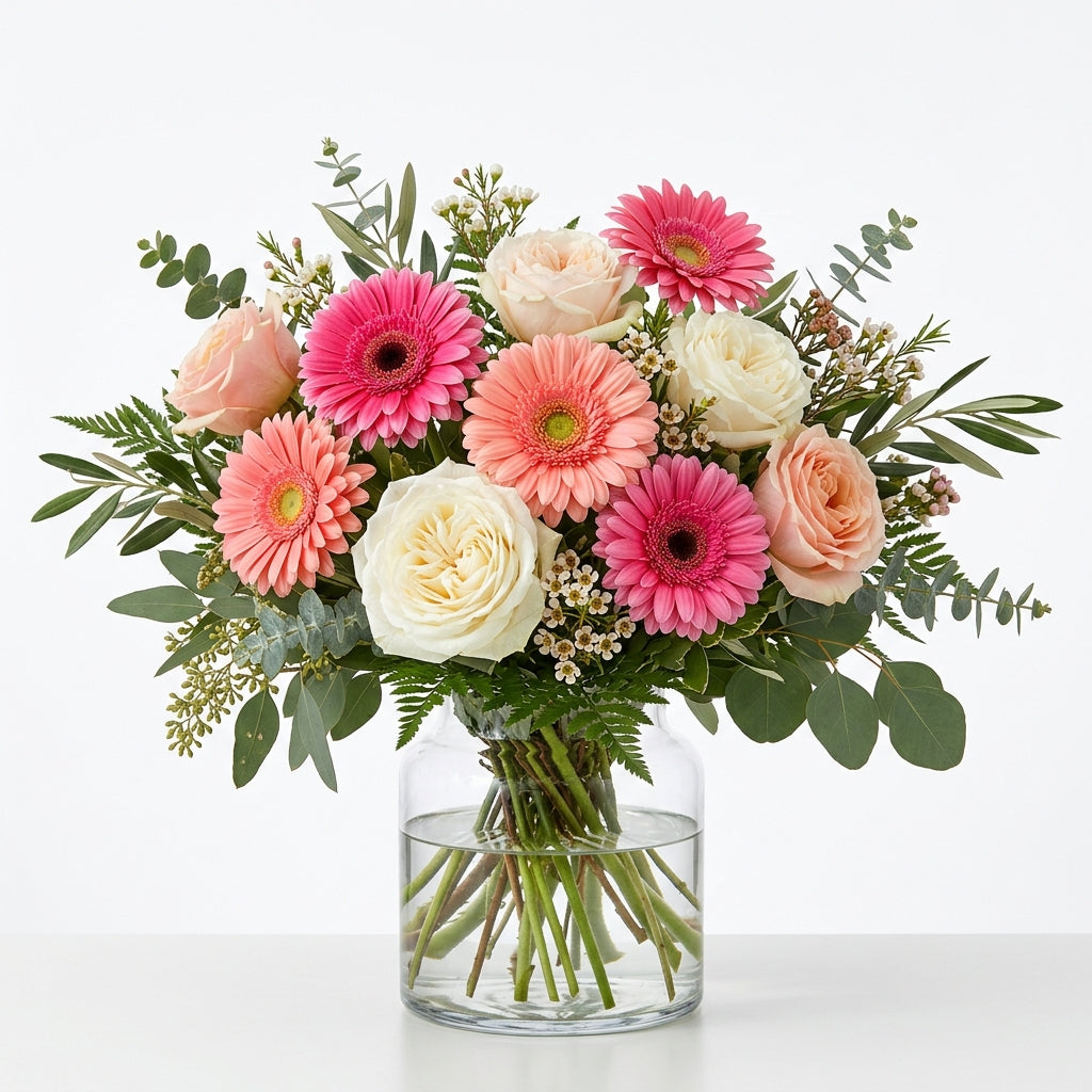 Blush & Celebration pink gerbera daisies with blush and cream roses and greenery arranged in a clear glass vase.