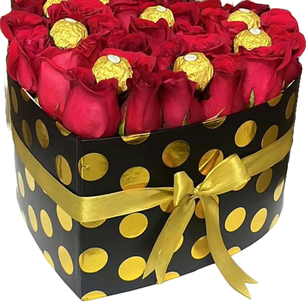 Image of heart-shaped box with red roses and chocolates, gift of flowers for Christmas, florist in Miami, Bouquets Flowers, image with detail of red roses and chocolates.