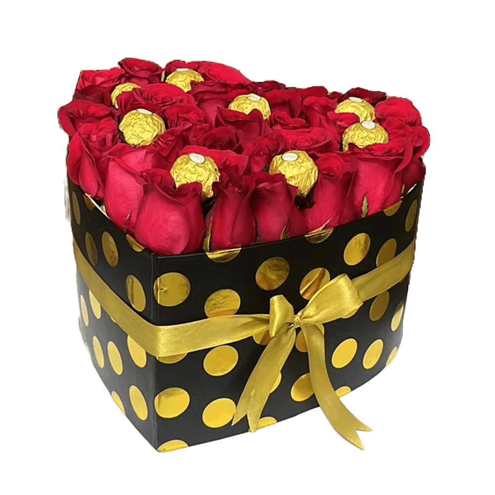 Image of heart-shaped box with red roses and chocolates chocolates, gift of flowers for Christmas, florist in Miami, Bouquets Flowers