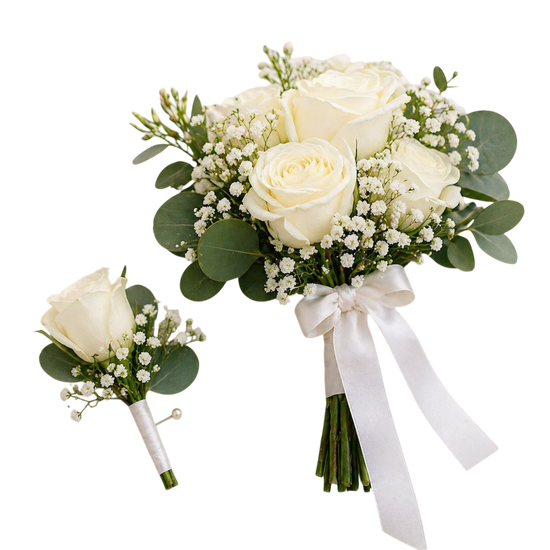 White Elegance Prom Bouquet & Boutonniere – Same Day Flower Delivery Miami