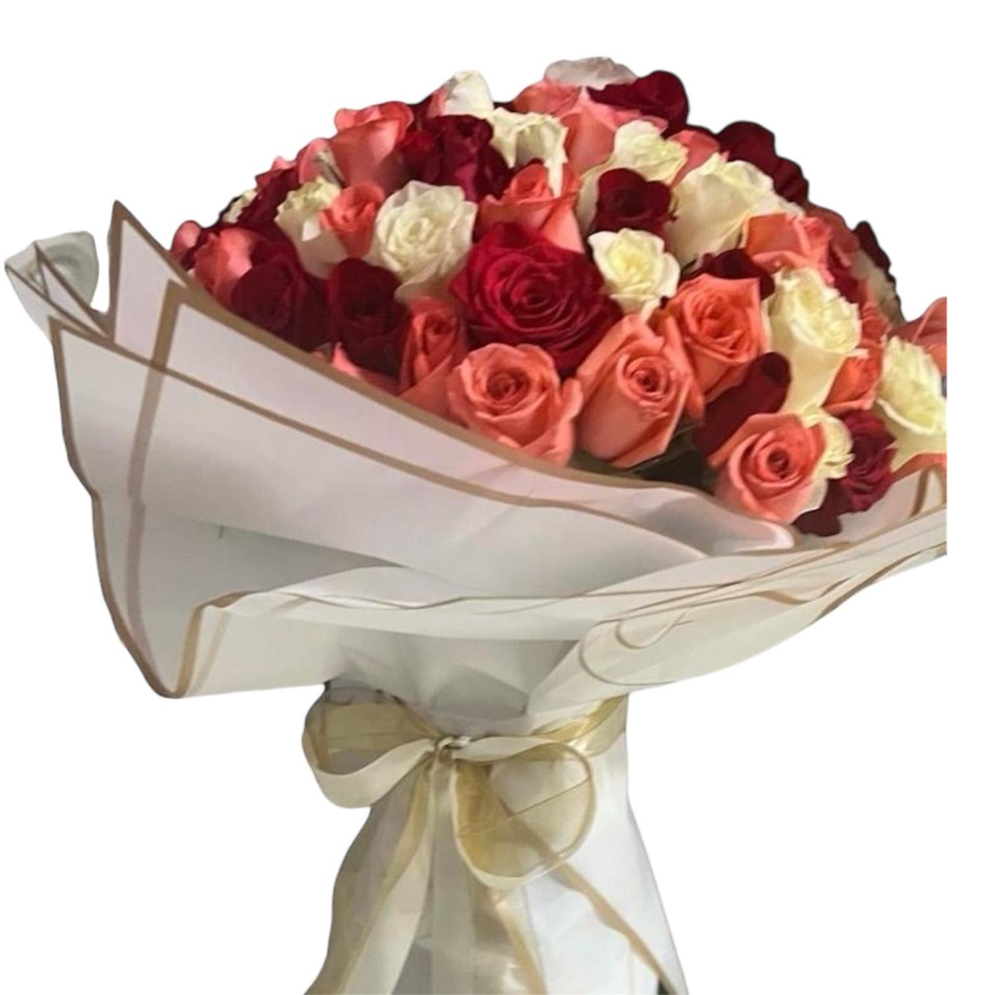 sorprenderá en este día especial con este hermoso bouquet de rosas mixtas tonos rojos, rosados y blancos, para mostrarle tu amor y cariño
