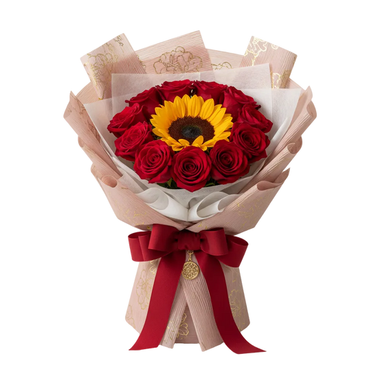 Ramo de 12 rosas rojas y girasoles – Entrega de flores el mismo día en Miami y Doral