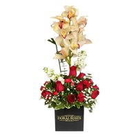 Luxury box with 50 premium red roses designed for romantic gifting and same-day flower delivery in Coral Gables.