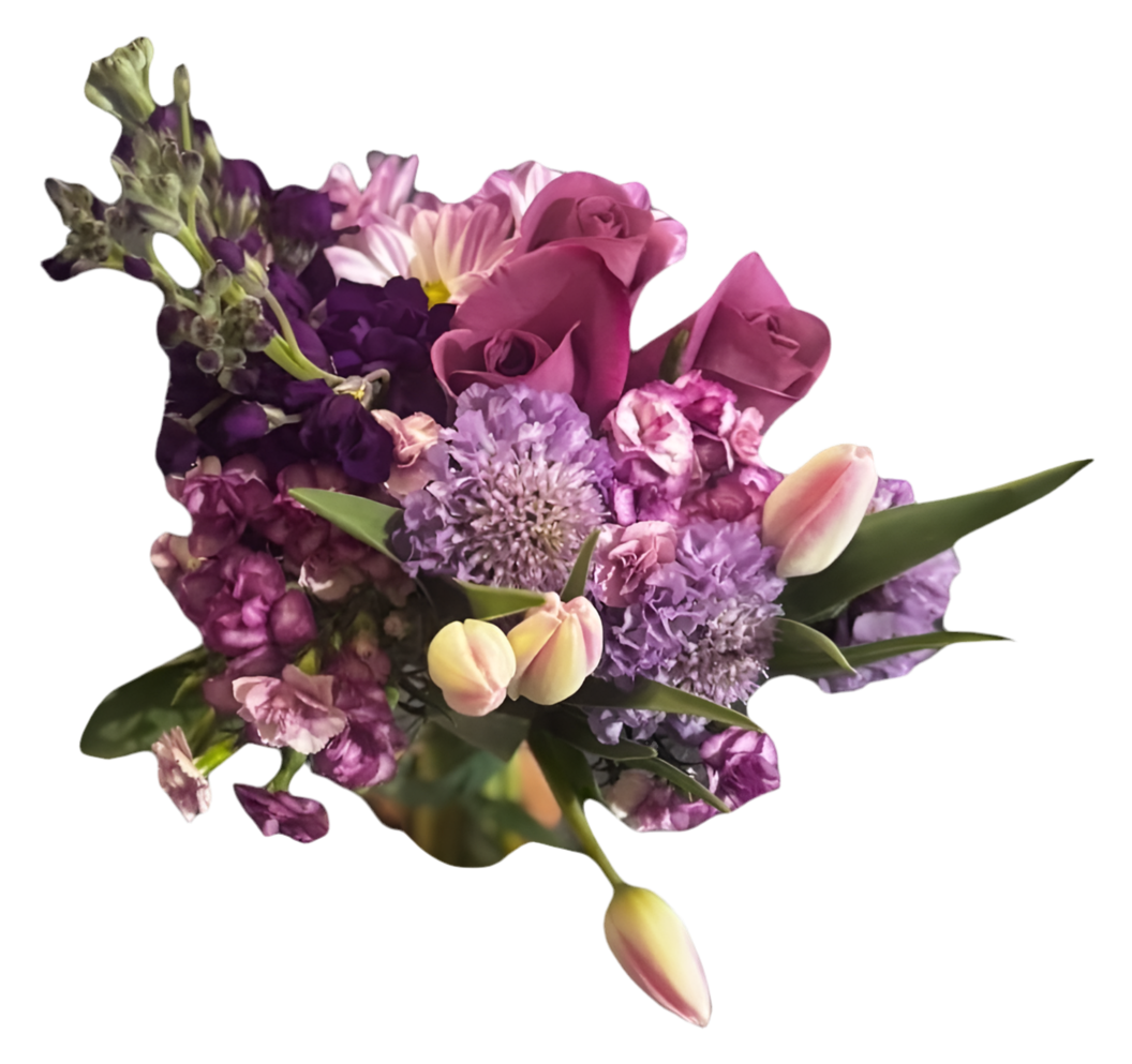 Ramo de celebración de rosas moradas y tulipanes