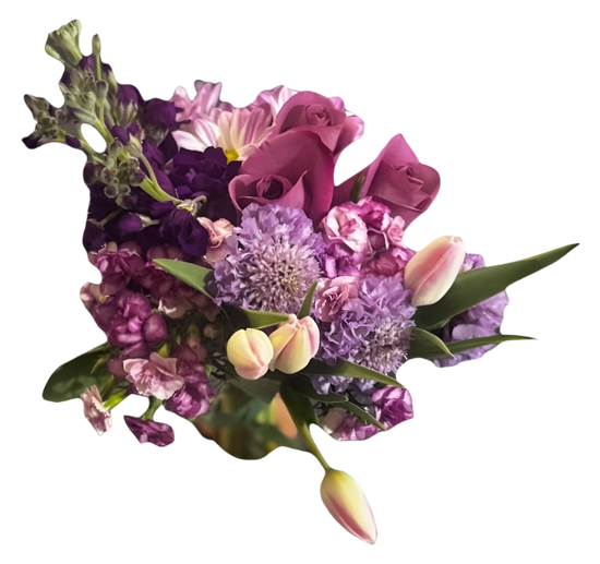 Ramo de celebración de rosas moradas y tulipanes