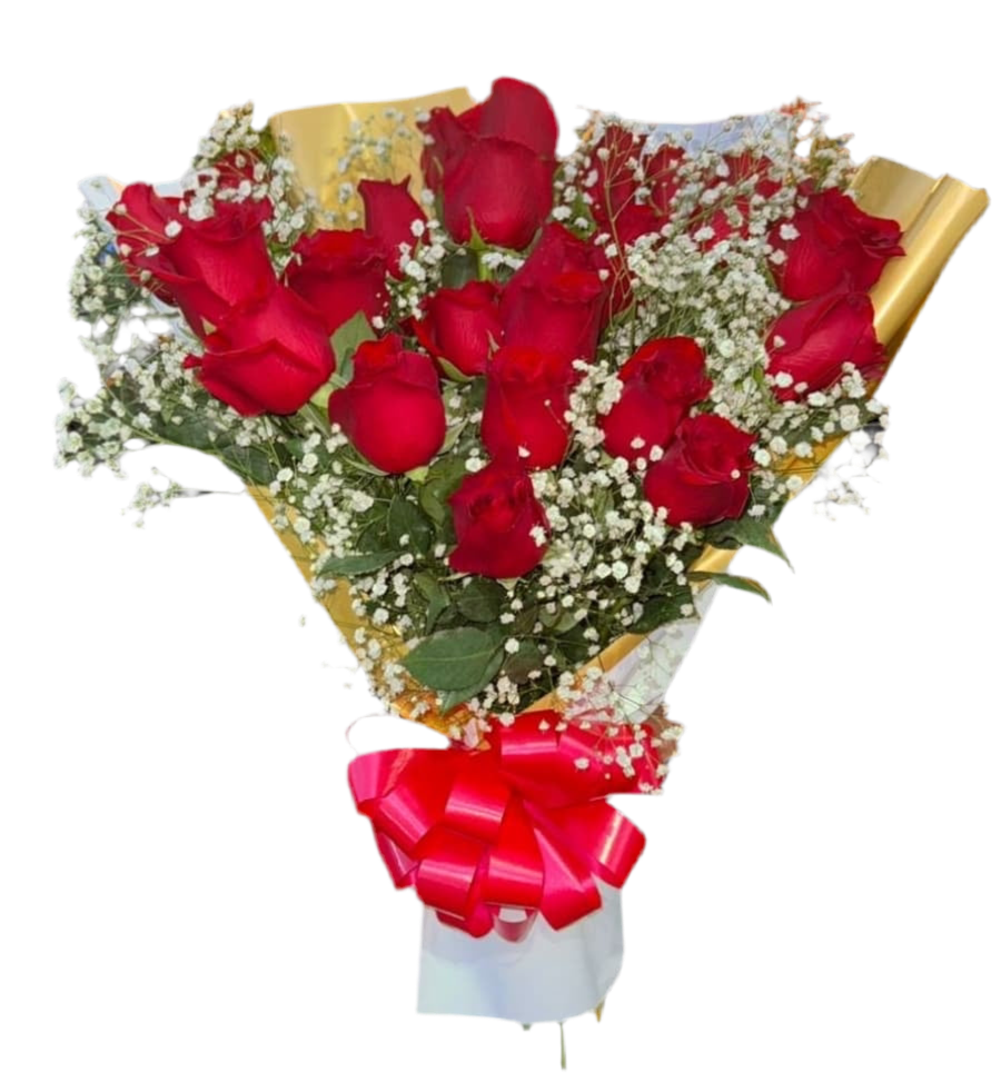 24 Rosas Rojas con Gypsophila Miami - Ramo Romántico Entrega Mismo Día Doral