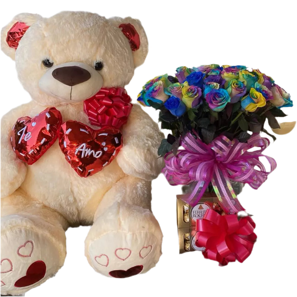 Rosas Multicolor, Oso Peluche y Chocolates