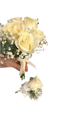 Boutonnière y pulsera de rosa blanca