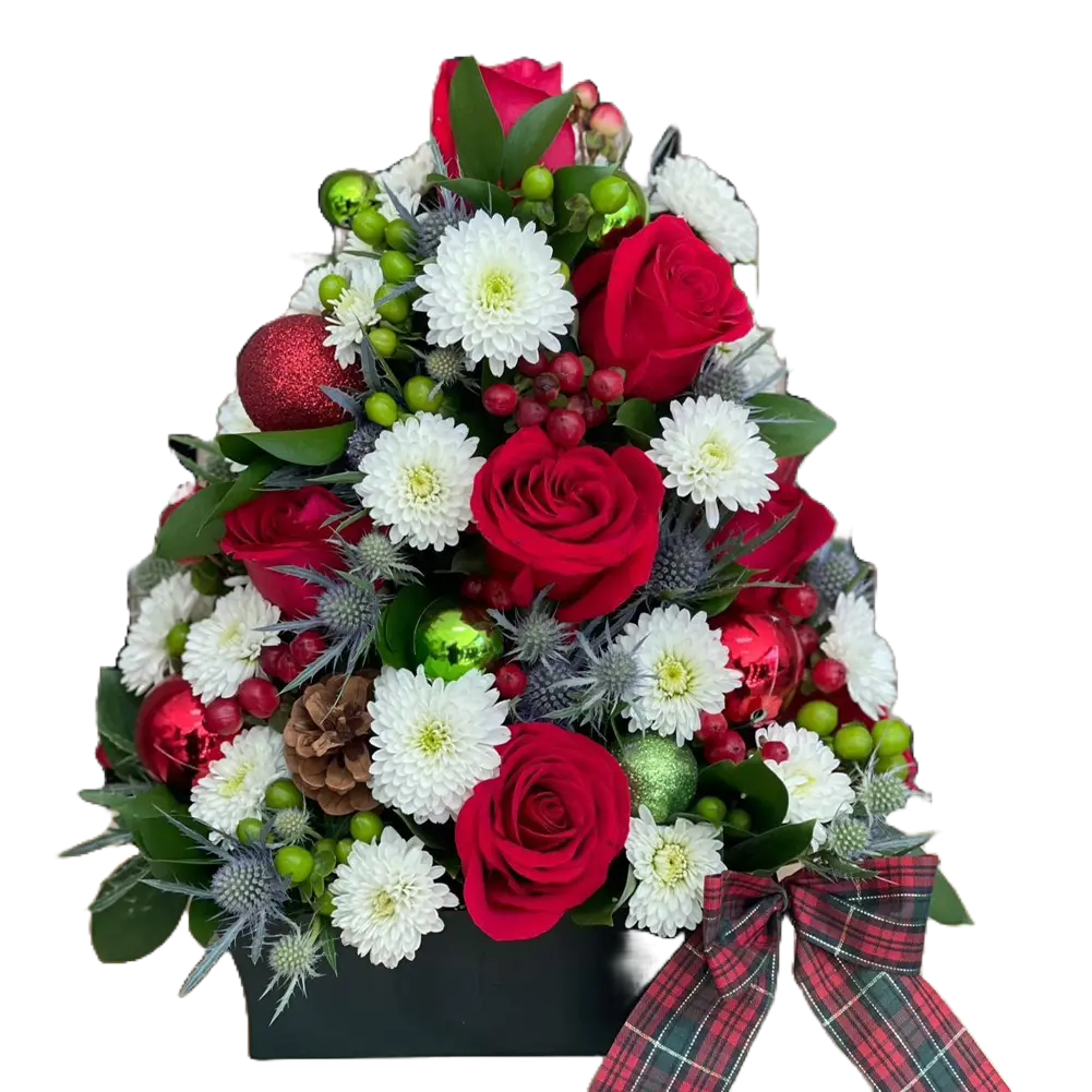 Christmas tree, Flores 24 Horas Christmas tree floral design, made with fresh roses and daisies. Florist Miami, bouquets of flowers.
