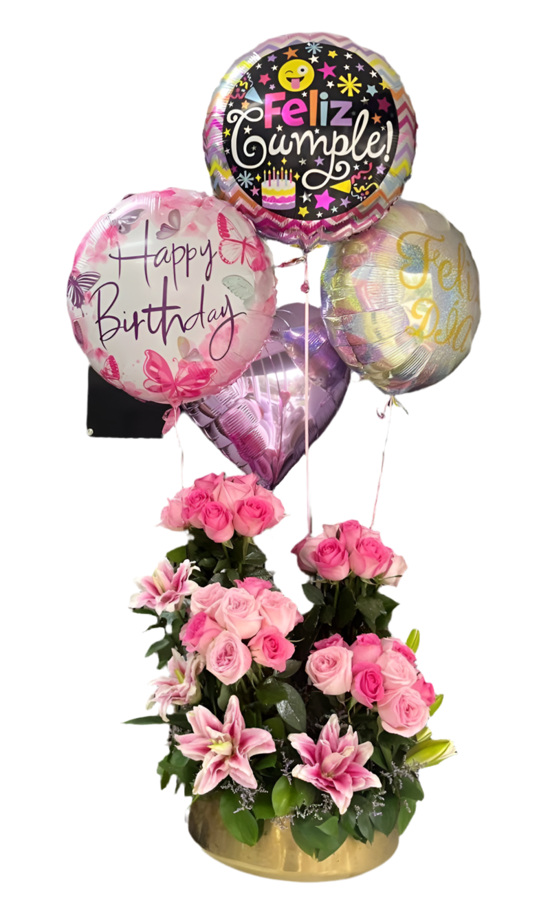 Hermoso arreglo floral de cumpleaños con rosas rojas y rosadas frescas, diseñado especialmente para entrega inmediata en Miami, Doral y áreas cercanas de Florida. Este elegante bouquet combina rosas premium de colores vibrantes con flores complementarias blancas y follaje verde exuberante, creando una composición sofisticada perfecta para celebrar momentos especiales.