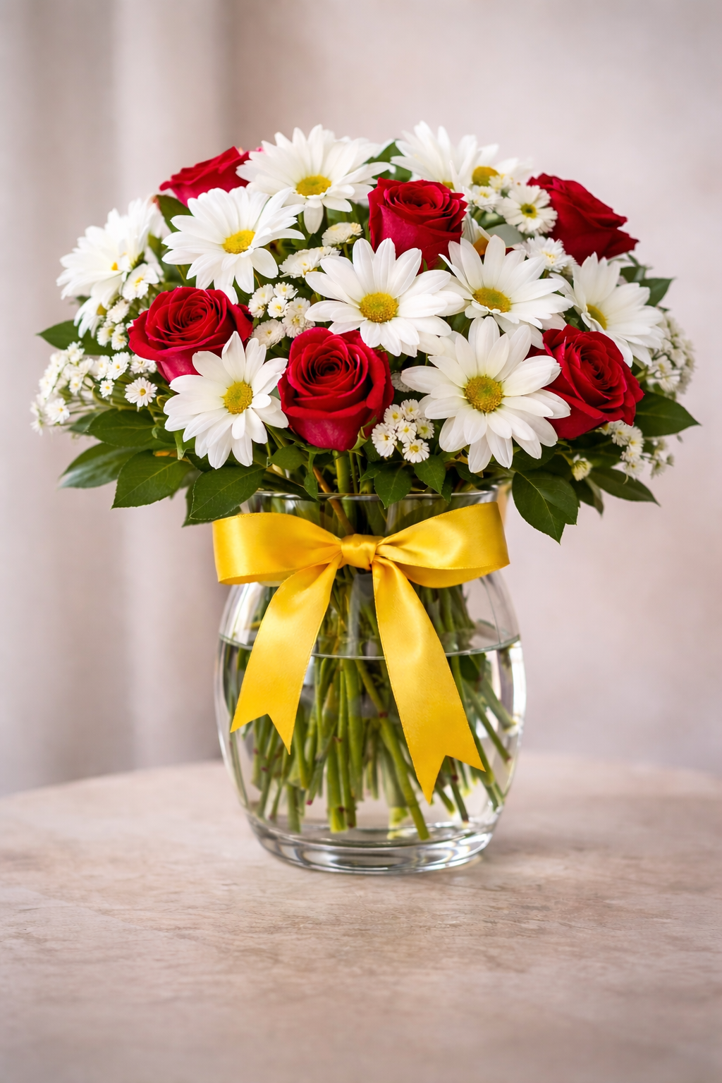 Arreglo premium de margaritas blancas y rosas en tonos amarillo, rojo o fucsia. Diseño exclusivo en jarrón de vidrio con acabado en cinta de tela. Perfecto para regalos corporativos y ocasiones especiales. #LuxuryFlowersMiami #MiamiLuxury #LuxuryGiftsMiami #MiamiFlorist #DoralBusiness #LuxuryBouquets #FlowersThatImpress