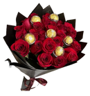 A gift that speaks to every sense. This stunning bouquet of 24 fresh roses paired with Ferrero Rocher chocolates is the perfect blend of elegance and indulgence. Each rose represents timeless love, while the golden-wrapped chocolates add a touch of irresistible sweetness. Whether it's for an anniversary, birthday, or romantic surprise, this arrangement says ‘I love you’ in the most luxurious and delicious way. Make every rose and every bite unforgettable.