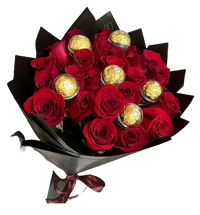 A gift that speaks to every sense. This stunning bouquet of 24 fresh roses paired with Ferrero Rocher chocolates is the perfect blend of elegance and indulgence. Each rose represents timeless love, while the golden-wrapped chocolates add a touch of irresistible sweetness. Whether it's for an anniversary, birthday, or romantic surprise, this arrangement says ‘I love you’ in the most luxurious and delicious way. Make every rose and every bite unforgettable.