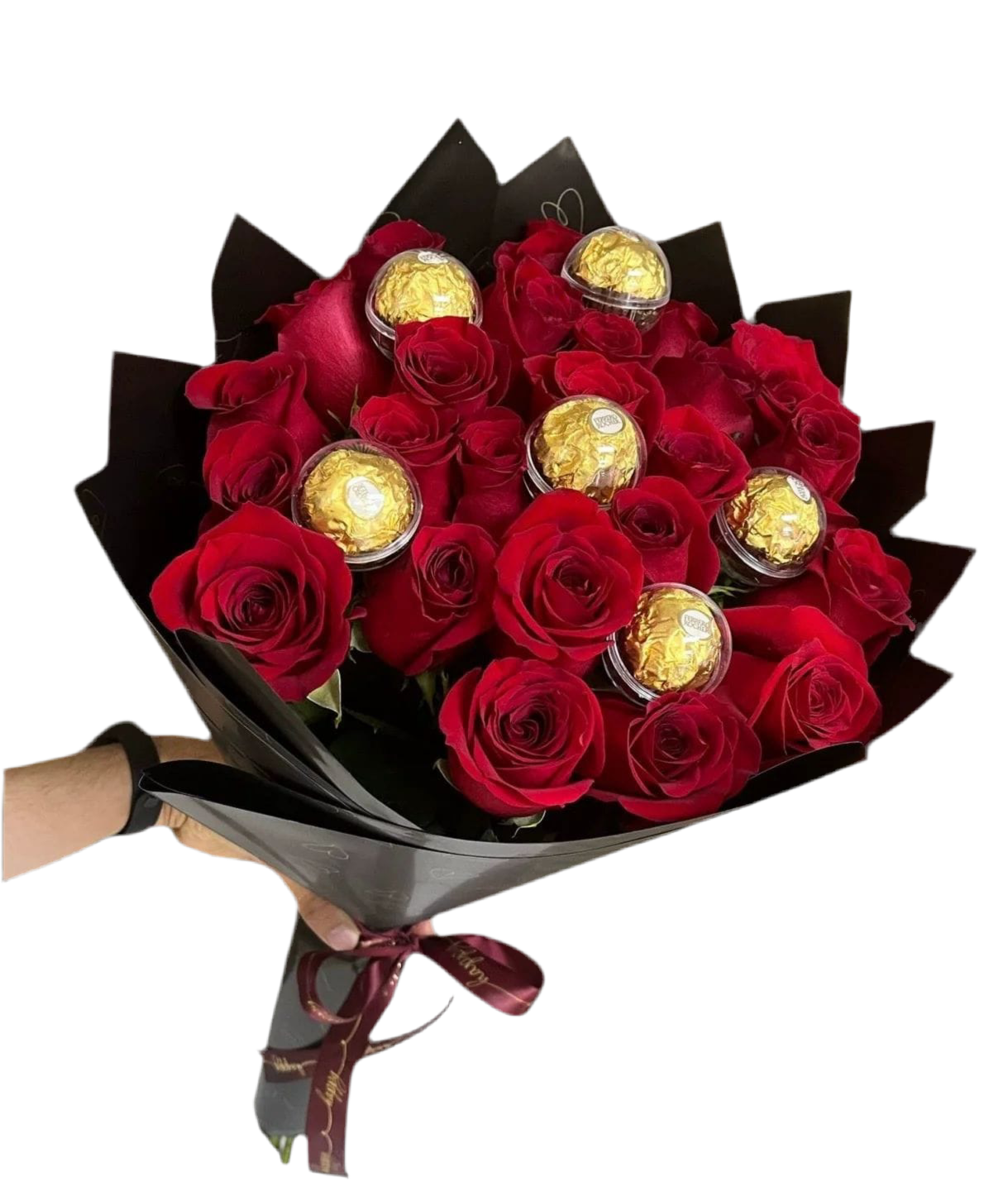 BouquetsFlowers.com Un ramo de rosas rojas que simbolizan el amor y la pasión, acompañado de deliciosos chocolates Ferrero Rocher. Decorado con papel especial para darle un toque elegante.