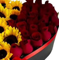 Caja Corazón Girasoles y Rosas Miami - Arreglo Floral Vibrante Entrega Mismo Día Doral