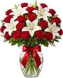 Arreglo luxury con 25 rosas rojas y 10 lirios blancos en jarrón - Luxury flowers Miami - Miami florist Valentine's Day - Doral business luxury bouquets - Flowers that impress - Luxury gifts Miami San Valentín