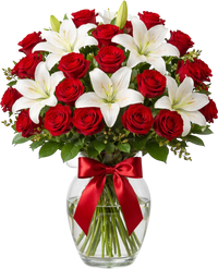 Arreglo luxury con 25 rosas rojas y 10 lirios blancos en jarrón - Luxury flowers Miami - Miami florist Valentine's Day - Doral business luxury bouquets - Flowers that impress - Luxury gifts Miami San Valentín