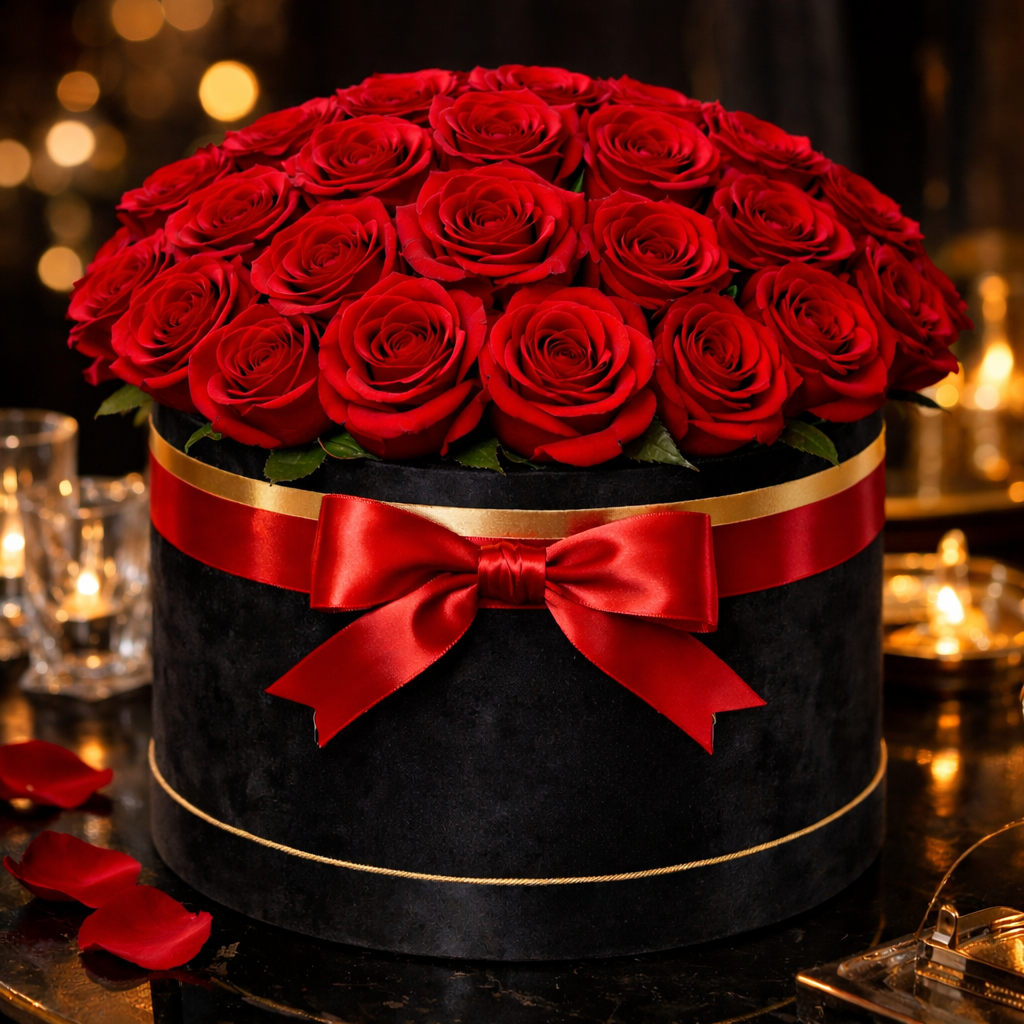 Caja de Rosas Rojas de Lujo en Cilindro Negro | Arreglo Floral Elegante para San Valentín