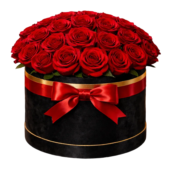 Caja de Rosas Rojas de Lujo en Cilindro Negro | Arreglo Floral Elegante para San Valentín
