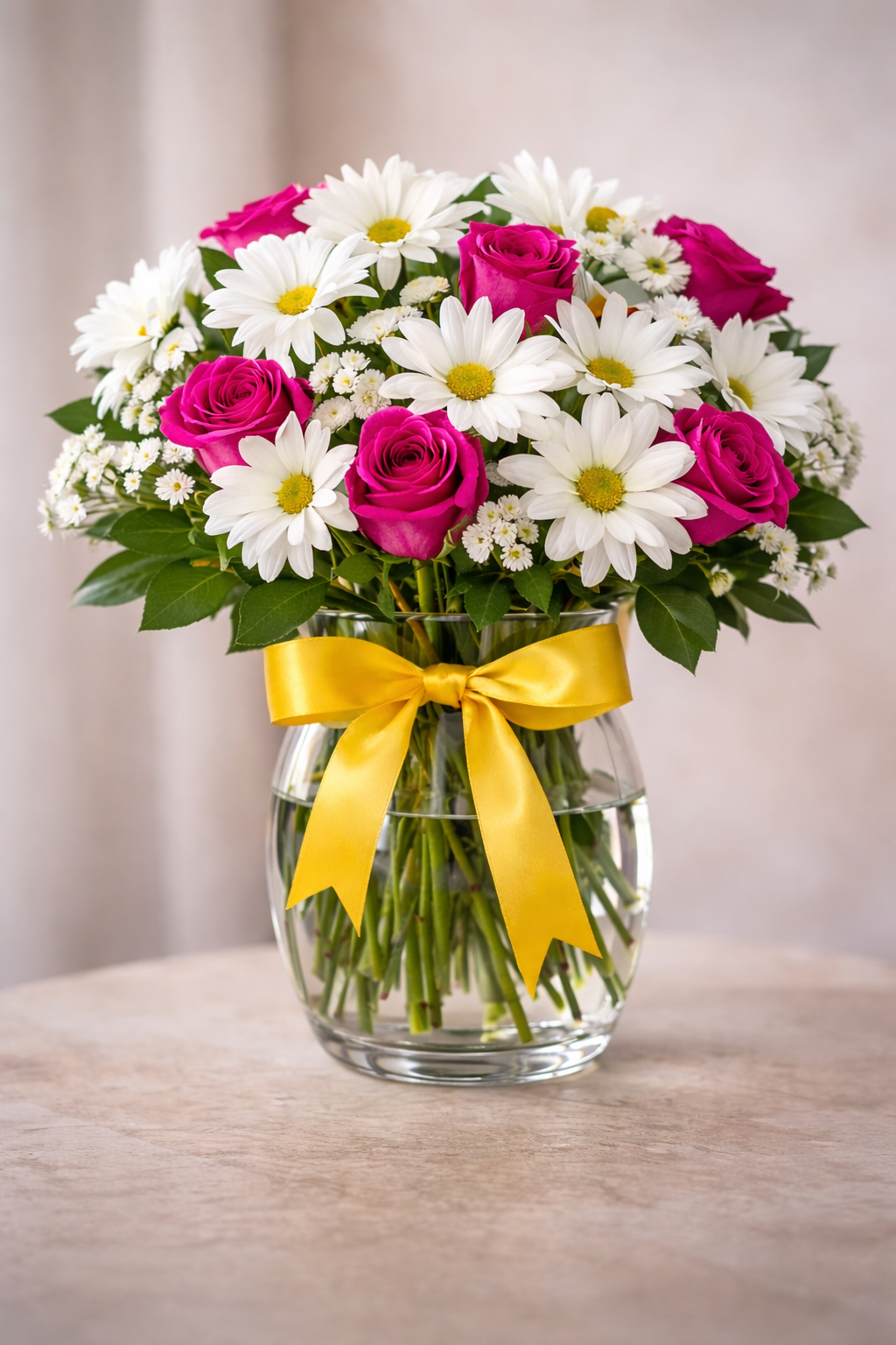 Arreglo floral de lujo elaborado con margaritas frescas y rosas selectas en jarrón transparente. Ideal para clientes corporativos en Doral y Miami que buscan impresionar con estilo y sofisticación. Disponible para entrega inmediata. #LuxuryFlowersMiami #MiamiLuxury #LuxuryGiftsMiami #MiamiFlorist #DoralBusiness #LuxuryBouquets #FlowersThatImpress