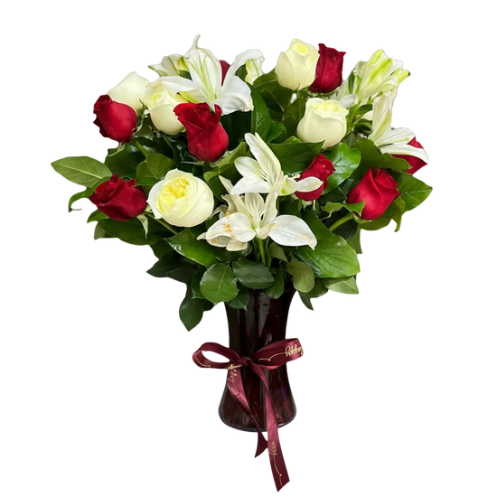 Rosas Rosadas Lirios Miami - Jarrón Elegante Alegre