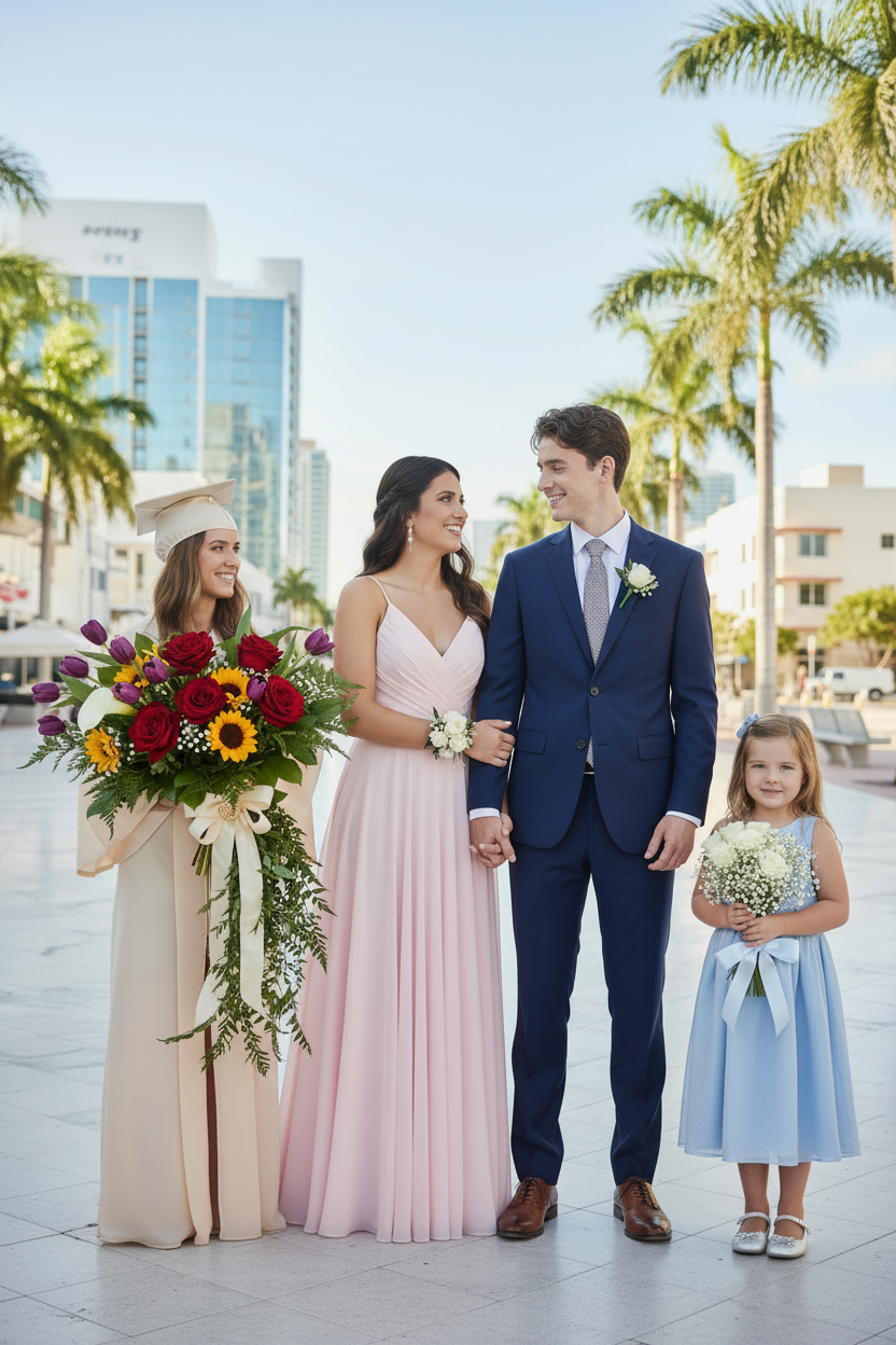 Celebrate prom and graduation with elegant graduation bouquets, stylish corsages & boutonnieres, and beautiful flowers for her, all designed as perfect celebration flowers with same-day delivery in Miami and Doral.