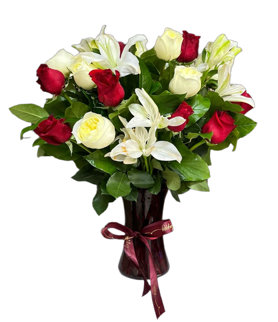 Rosas Rosadas Lirios Miami - Jarrón Elegante Alegre