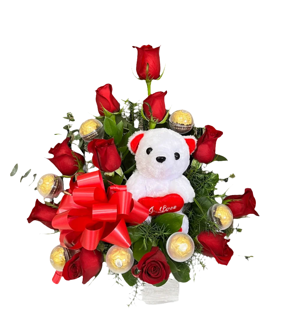 Combo romántico rosas rojas + peluche + chocolates Miami. Regalo perfecto San Valentín, aniversarios. Entrega mismo día Doral, Brickell.