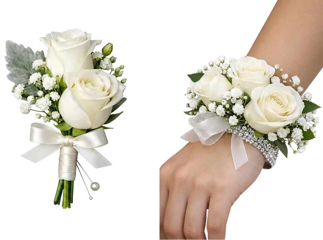 Elegant White Rose Prom Flowers – Boutonniere & Corsage Miami
