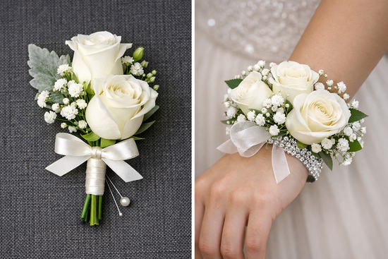 Elegant White Rose Prom Flowers – Boutonniere & Corsage Miami