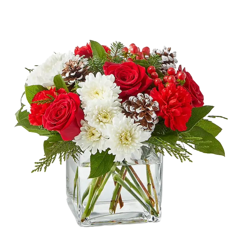 Product photography with flowers "Christmas Angel" made with roses, carnations, daisies and green escort, in a small glass vase. Medium size, florist in Miami, Bouquets Flowers.