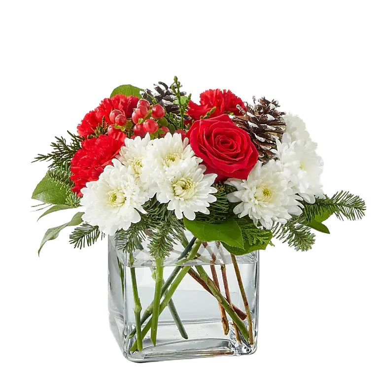 
                  
                    "Christmas Angel" arranged with roses, carnations, daisies and greenery in a small glass vase. Standard size, Miami florist, Bouquets Flowers.
                  
                