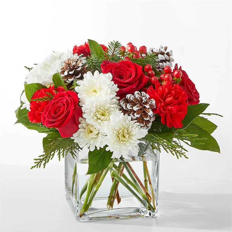 
                  
                    "Christmas Angel" with roses, carnations, daisies and greenery in small glass vase. Deluxe size, Miami florist, Bouquets Flowers.
                  
                