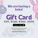 Tarjetas de regalo para celebrar la llegada del nuevo bebé, canjéalas por productos premium de nuestra lujosa tienda y regala la elección, nuestras tarjetas de regalo tienen valores de: $50,oo USD $100,oo USD $200,00 USD $500,00 USD