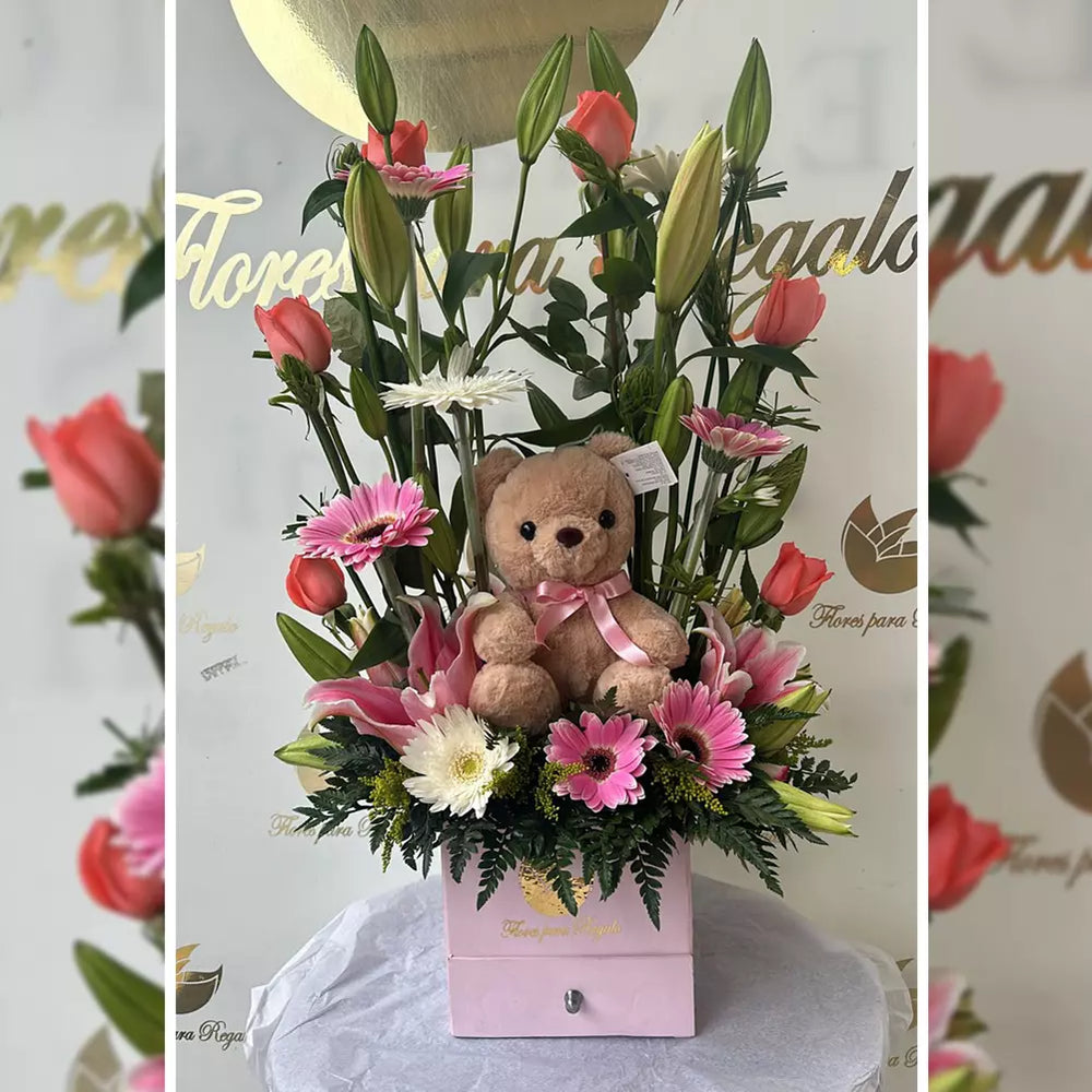 Tern Flowers, Bouquets Flowers, Miami Flower Delivery, featuring a stunning arrangement of roses, lilies, and carnations in delicate shades of pink, adorable teddy bear, Miami flower delivery, bouquets and gifts delivery, flowers and more, flower delivery, Bouquets Flowers Miami