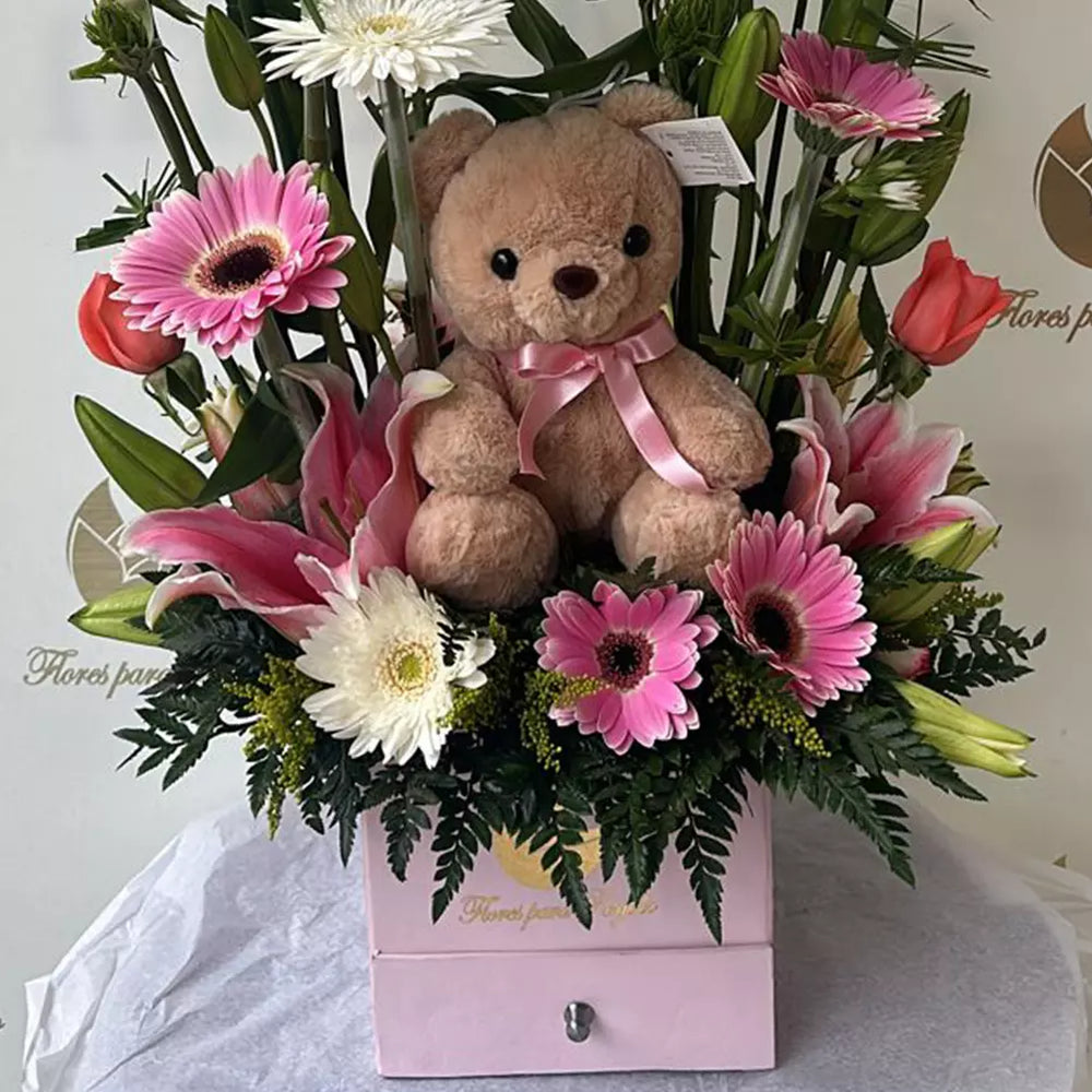 Tern Flowers, Bouquets Flowers, Miami Flower Delivery, featuring a stunning arrangement of roses, lilies, and carnations in delicate shades of pink, adorable teddy bear, Miami flower delivery, bouquets and gifts delivery, flowers and more, flower delivery, Bouquets Flowers Miami