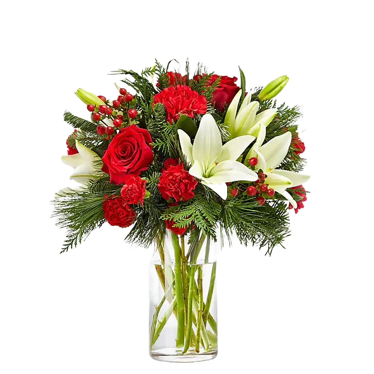 With this image, we present our beautiful “Christmas Blessings Bouquet, this image represents the standard size, we elaborate it with roses and carnations of red color, white lilies and green accompaniment in a standard glass vase, we make home deliveries in the cities of Miami and Bogota. We are florists. Bouquets Flowers