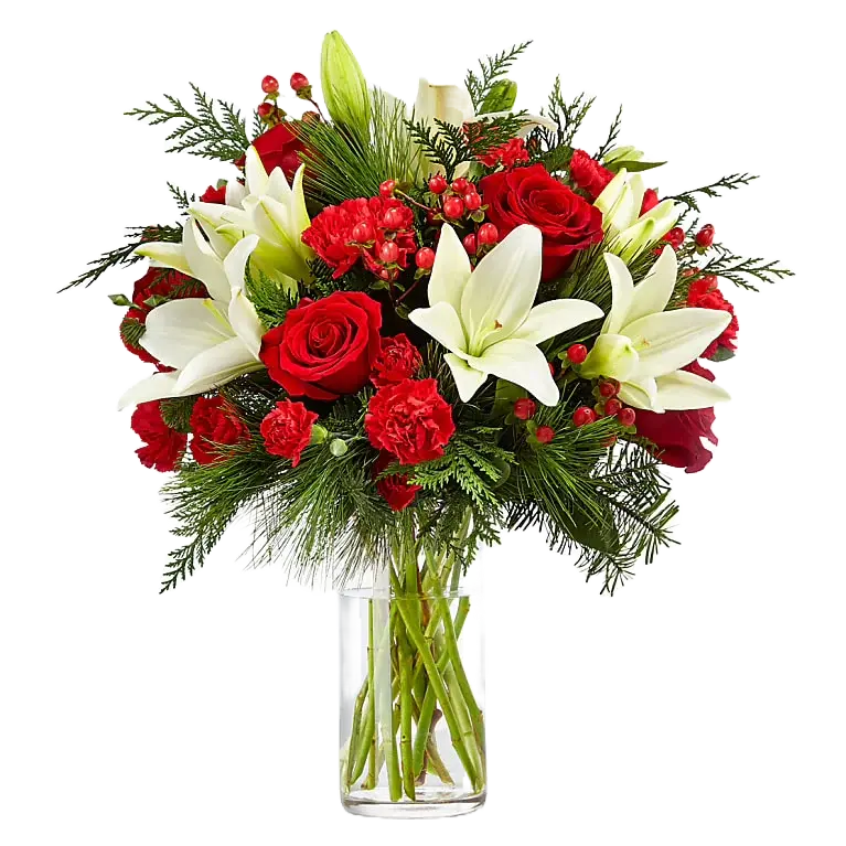 
                  
                    With this image, we present our beautiful “Christmas Blessings Bouquet, this image represents the medium size, we elaborate it with roses and carnations of red color, white lilies and green accompaniment in a deluxe glass vase, we make home deliveries in the cities of Miami and Bogota. We are florists.
                  
                