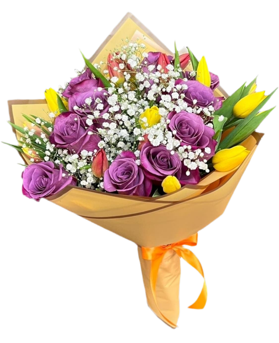 Elegant congratulations bouquet with purple roses, yellow tulips, and baby’s breath in modern wrapping