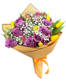 Elegant congratulations bouquet with purple roses, yellow tulips, and baby’s breath in modern wrapping