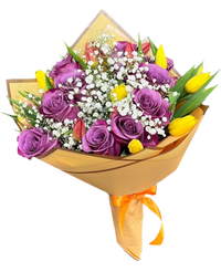 Elegant congratulations bouquet with purple roses, yellow tulips, and baby’s breath in modern wrapping