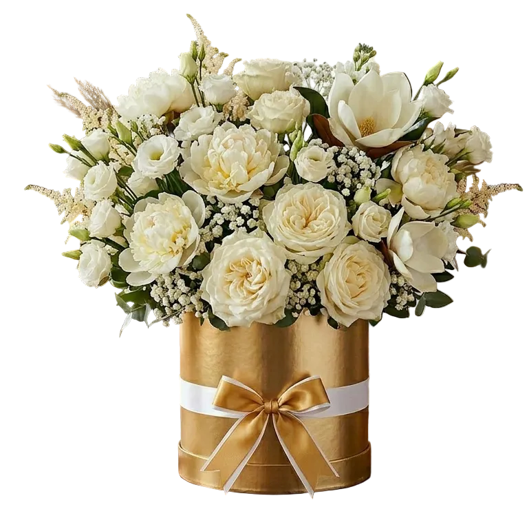 Elegant white flowers box with roses and soft blooms for congratulations and new beginnings