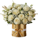 Elegant white flowers box with roses and soft blooms for congratulations and new beginnings