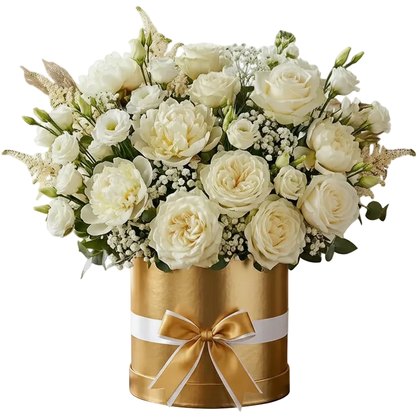 Elegant white flowers box with roses and soft blooms for congratulations and new beginnings
